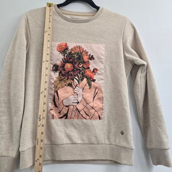 Women’s Sweatshirt M Beige Crewneck Floral Graphic Cozy Casual Streetwear Artsy - Picture 6 of 7